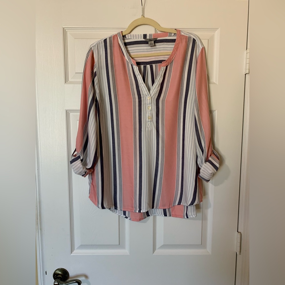 Bass Striped V-Neck Button Front Long Sleeve Blouse in Pink and Blue XXL Coastal